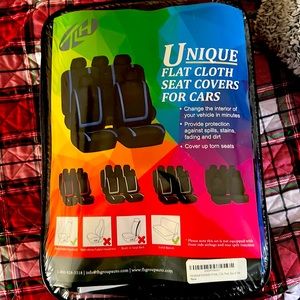 blue and black flat cloth seat covers